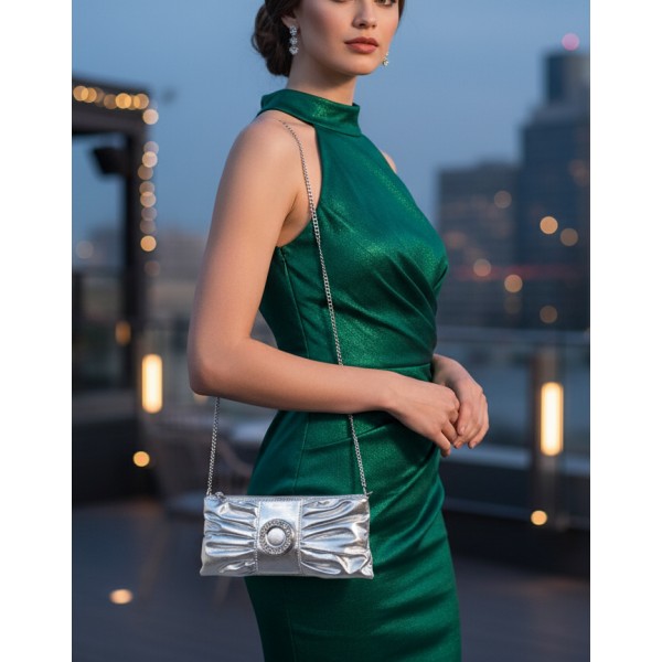 Evening Bag - Pleated PU Leather w/ Rhinestone Loop Wristlet - Silver - BG-7070M-SV